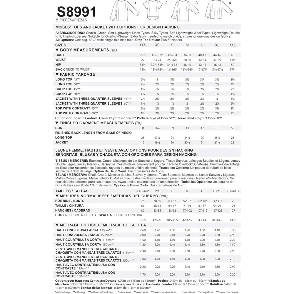 Simplicity S8991 Misses Tops & Jacket Sewing‎ Pattern XXS-XXL
